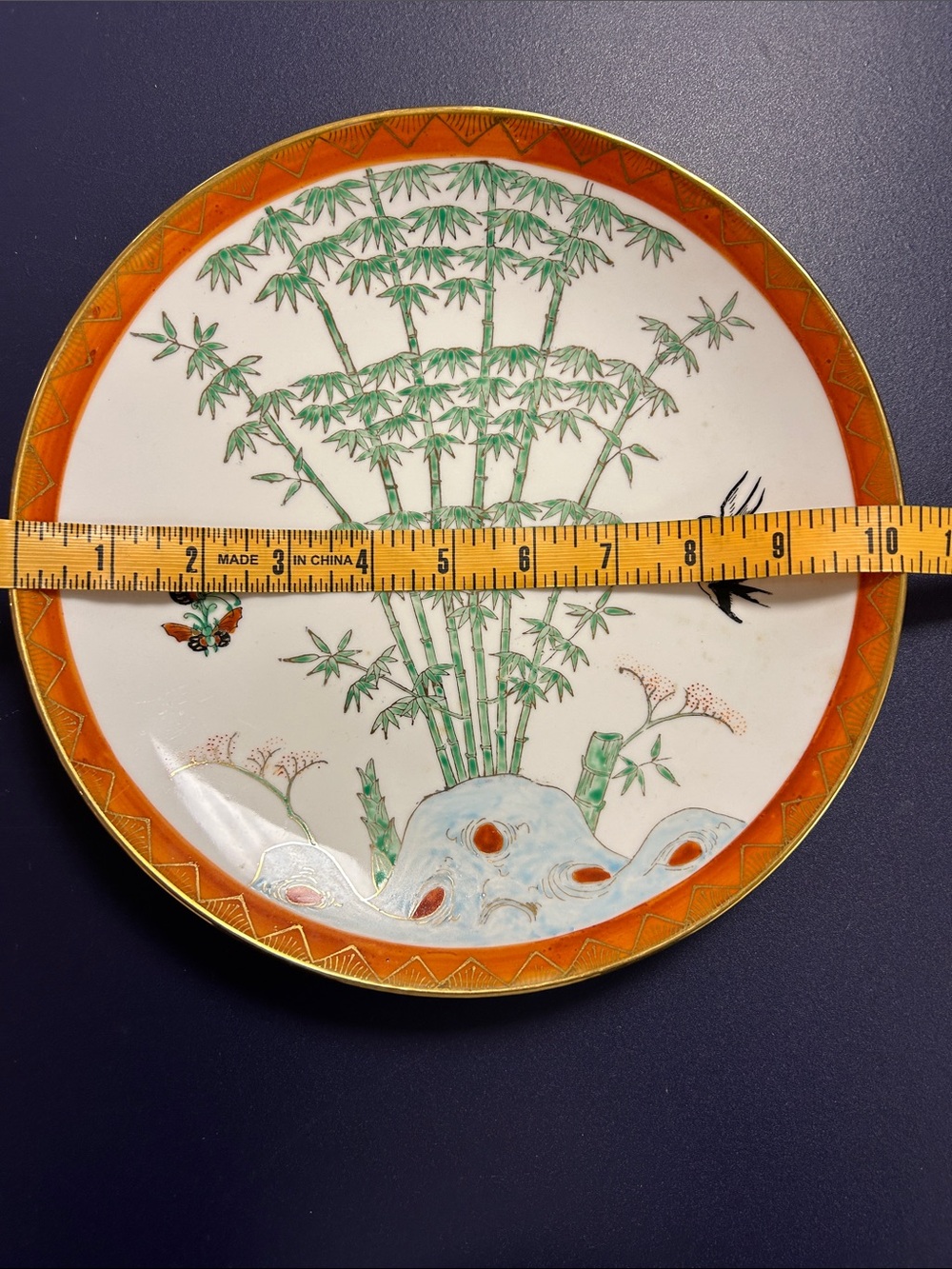 Hand-painted Bamboo & Birds Decorative Porcelain Plate in Orange and Green image 3